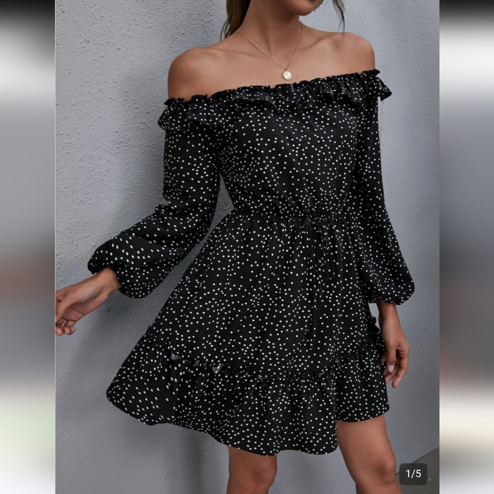 Shein Polka Dot Off the Shoulder A-line Mini Dress W/ Ruffles Size L (8-10)